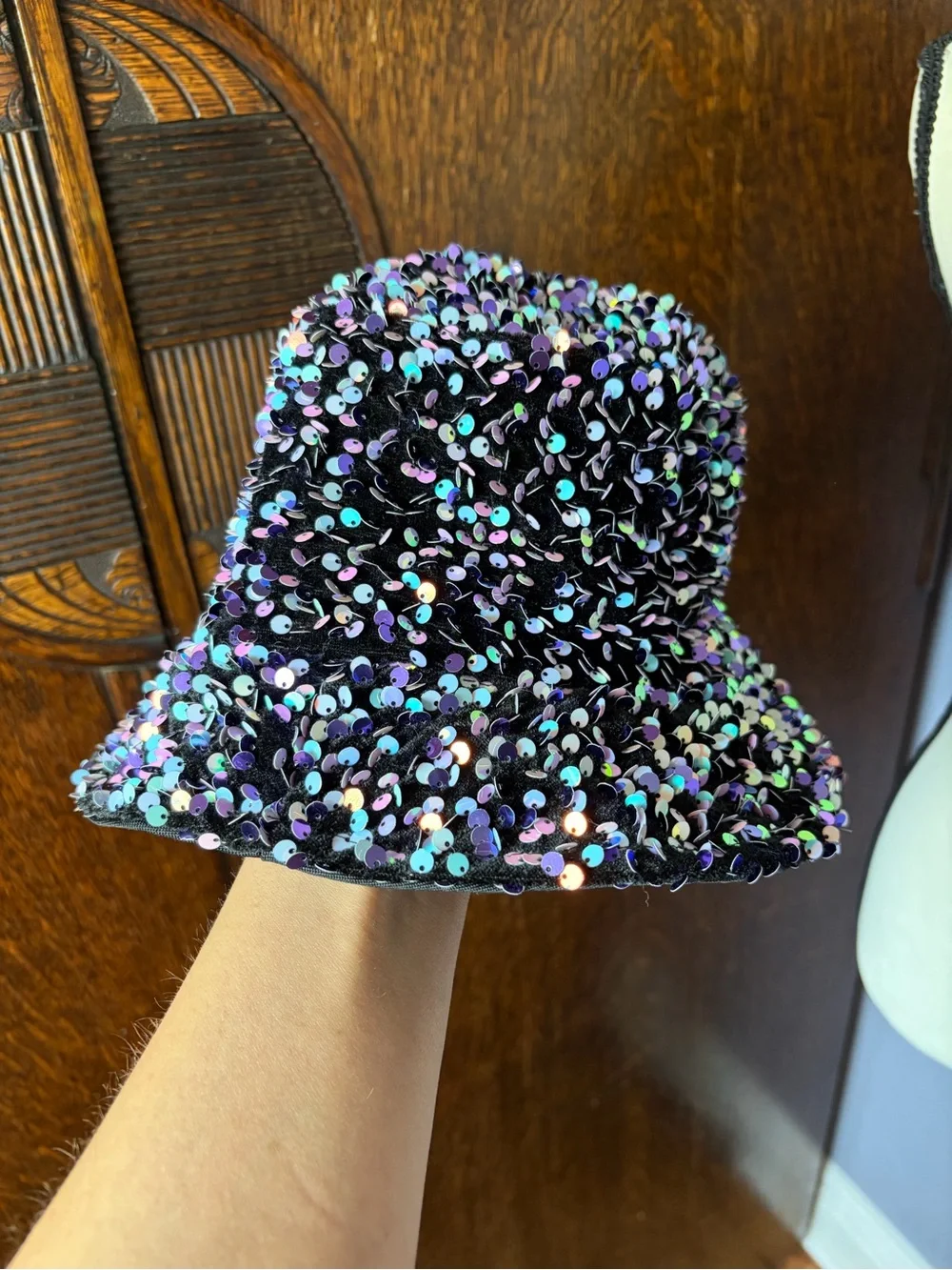 Black Sequin Bucket Hat with Iridescent Accents - Picture 3 of 6